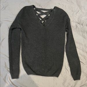 Haute Monde Charcoal Gray Lace-Up V-Neck Sweater
